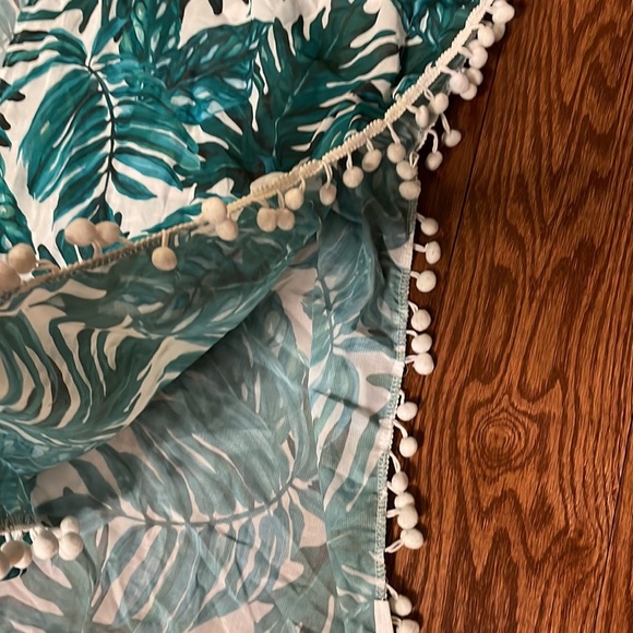 Tropical leaf / Pom Pom beach coverup ONE SIZE loose sleeves open front O/S - Picture 8 of 10